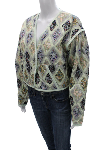 Cinq A Sept Women Quilted Jacket Green Paisley Long Sleeve V-Neck Size M