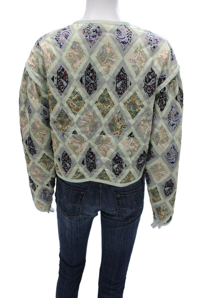 Cinq A Sept Women Quilted Jacket Green Paisley Long Sleeve V-Neck Size M