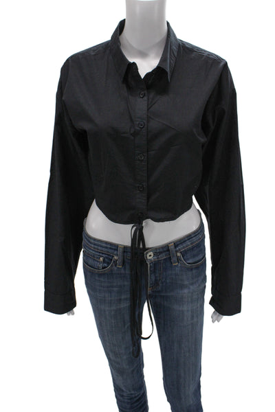 Anthropologie Womens Cropped Collared Black Long Sleeve Button-Up Size XL