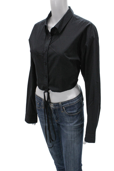 Anthropologie Womens Cropped Collared Black Long Sleeve Button-Up Size XL