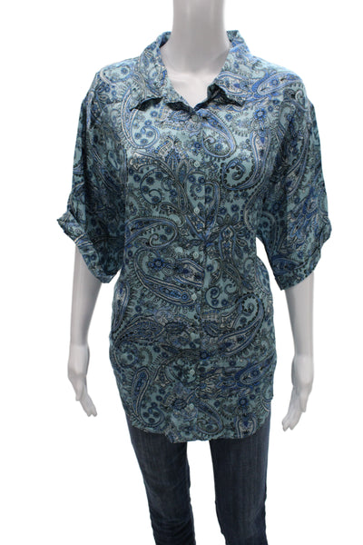 Frankies Bikinis Women Paisley Collared Cotton Tunic 3/4 Sleeve Blue Size L