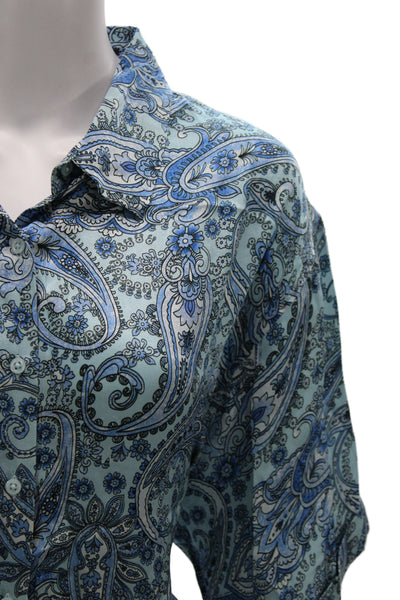 Frankies Bikinis Women Paisley Collared Cotton Tunic 3/4 Sleeve Blue Size L