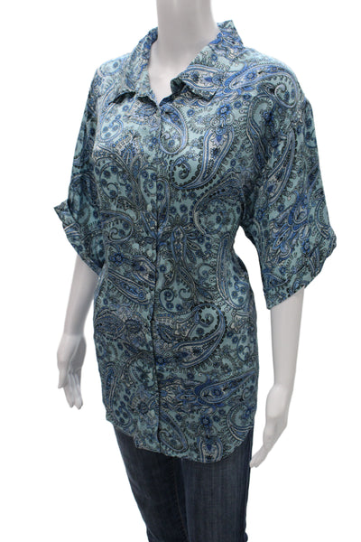 Frankies Bikinis Women Paisley Collared Cotton Tunic 3/4 Sleeve Blue Size L