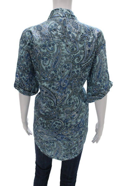 Frankies Bikinis Women Paisley Collared Cotton Tunic 3/4 Sleeve Blue Size L