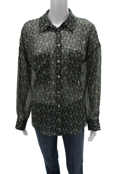 Zara Women Bohemian Paisley Collared Button Up Black Long Sleeve Blouse Size L