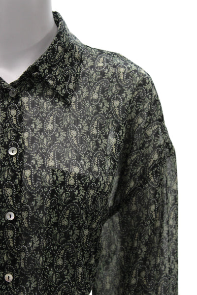 Zara Women Bohemian Paisley Collared Button Up Black Long Sleeve Blouse Size L