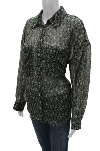 Zara Women Bohemian Paisley Collared Button Up Black Long Sleeve Blouse Size L