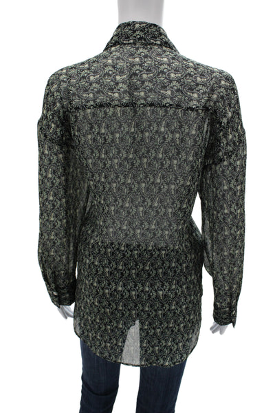 Zara Women Bohemian Paisley Collared Button Up Black Long Sleeve Blouse Size L