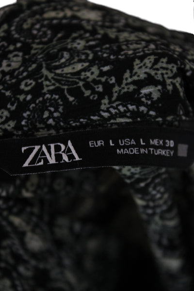 Zara Women Bohemian Paisley Collared Button Up Black Long Sleeve Blouse Size L