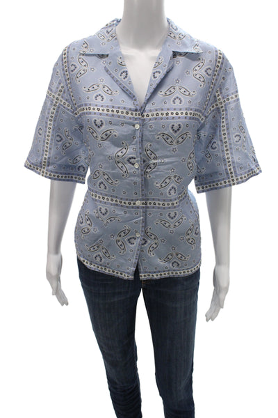 Sandro Women Light Blue Paisley Collared Button Up Blouse Short Sleeve Size 3
