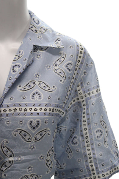 Sandro Women Light Blue Paisley Collared Button Up Blouse Short Sleeve Size 3