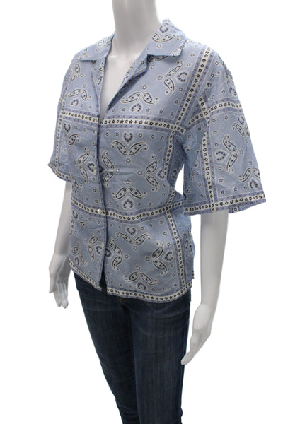 Sandro Women Light Blue Paisley Collared Button Up Blouse Short Sleeve Size 3