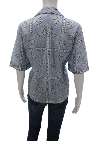 Sandro Women Light Blue Paisley Collared Button Up Blouse Short Sleeve Size 3