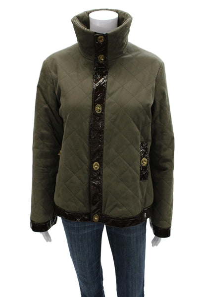 Tory By TRB Women Green Quilted Military Jacket Argyle High Neck Size 10