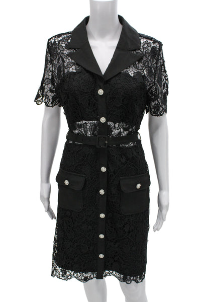 Rivir Women Shirt Dress Black Collared Short Sleeve Cotton Spandex Size L