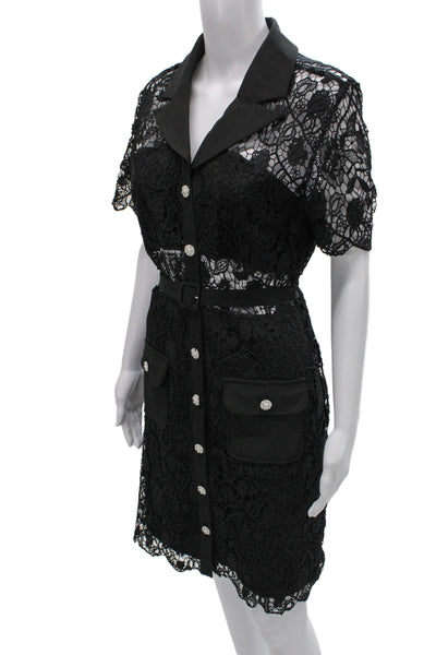 Rivir Women Shirt Dress Black Collared Short Sleeve Cotton Spandex Size L