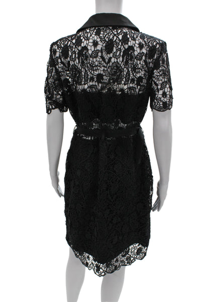 Rivir Women Shirt Dress Black Collared Short Sleeve Cotton Spandex Size L