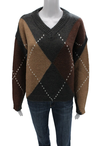 Line And Dot Unisex Brown Argyle V-Neck Pullover Sweater Size M