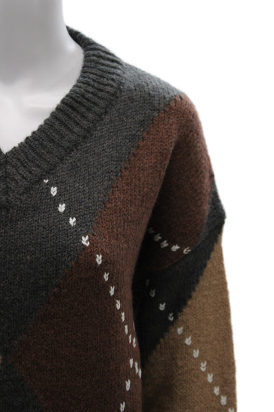 Line And Dot Unisex Brown Argyle V-Neck Pullover Sweater Size M