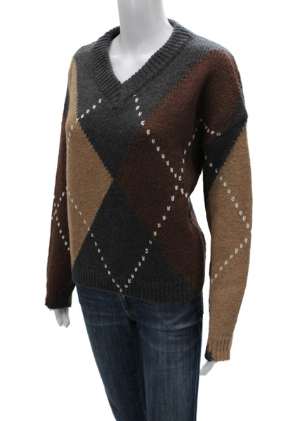 Line And Dot Unisex Brown Argyle V-Neck Pullover Sweater Size M