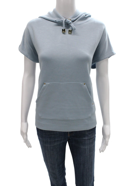 Elie Tahari Women Pullover Hoodie Light Blue Short Sleeve High Neck Size M