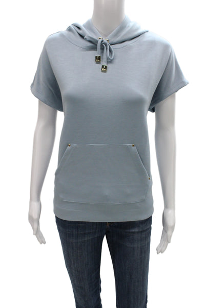 Elie Tahari Women Pullover Hoodie Light Blue Drawstring High Neck Size M