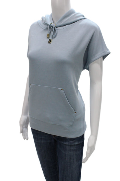 Elie Tahari Women Pullover Hoodie Light Blue Drawstring High Neck Size M