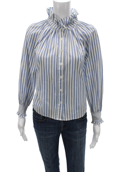 Veronica Beard Women Striped High Neck Button Up Blouse Long Sleeve Blue Size S
