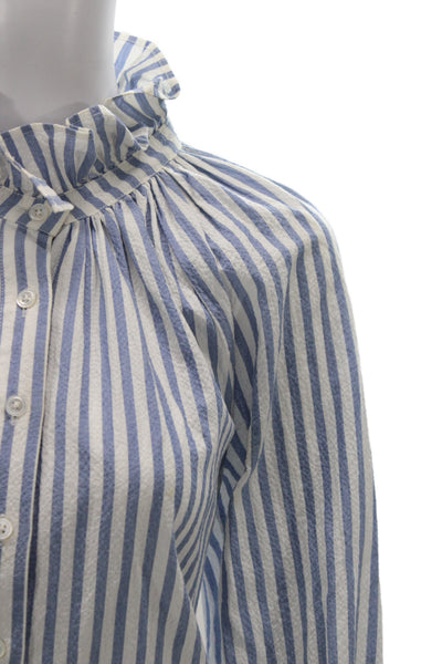 Veronica Beard Women Striped High Neck Button Up Blouse Long Sleeve Blue Size S
