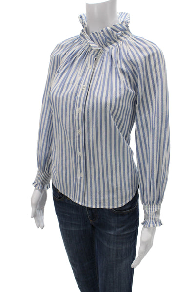 Veronica Beard Women Striped High Neck Button Up Blouse Long Sleeve Blue Size S