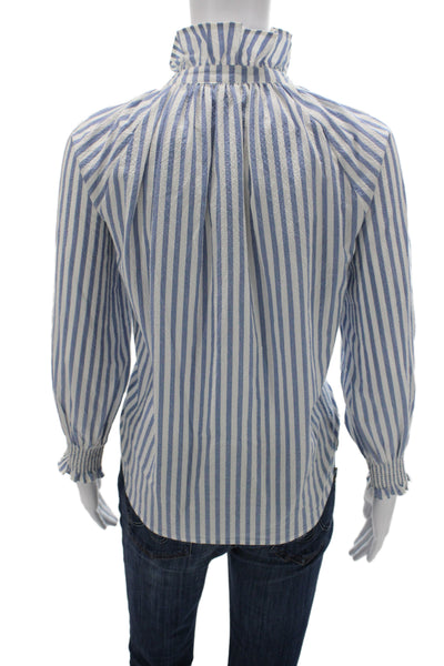 Veronica Beard Women Striped High Neck Button Up Blouse Long Sleeve Blue Size S