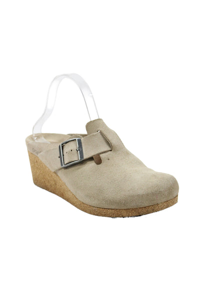 Papillio Womens Suede Buckle Detail Wedge Heels Mules Shoes Beige Sz 9