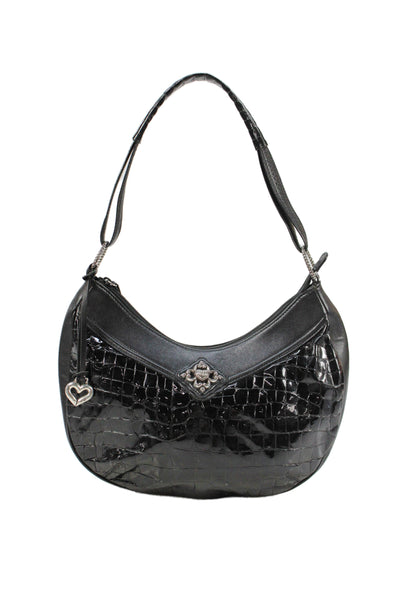 Brighton Womens Embossed Leather Zip Up Shoulder Bag Black