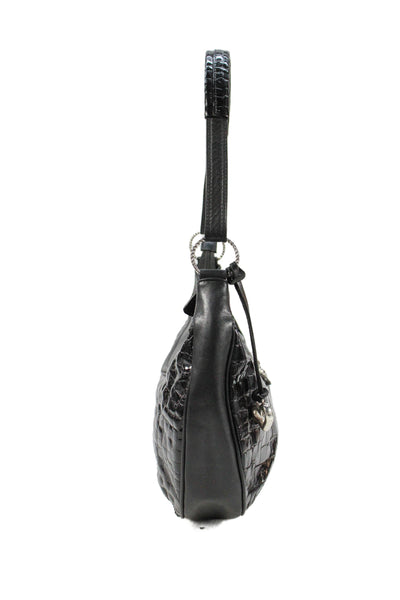 Brighton Womens Embossed Leather Zip Up Shoulder Bag Black