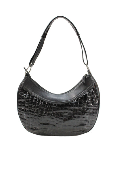 Brighton Womens Embossed Leather Zip Up Shoulder Bag Black