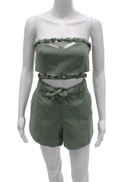 Ganni Womens Scrunched Trim Crop Top Shorts Set Green Cotton Size EUR 36/34