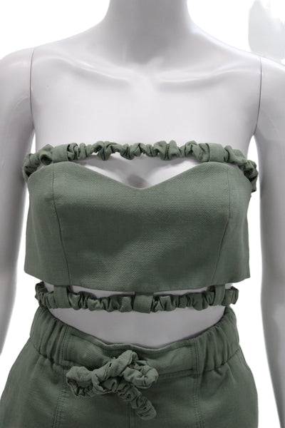 Ganni Womens Scrunched Trim Crop Top Shorts Set Green Cotton Size EUR 36/34