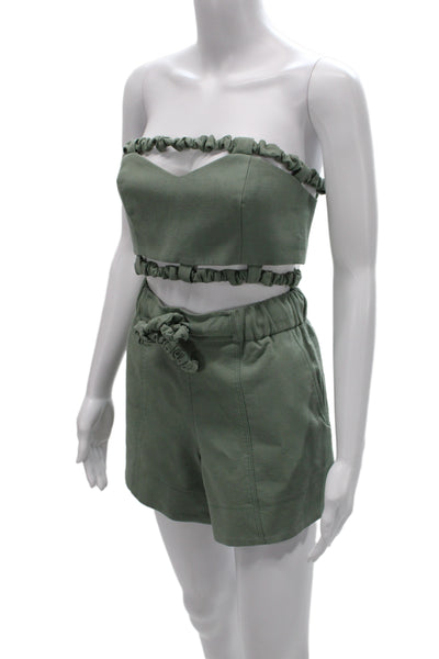 Ganni Womens Scrunched Trim Crop Top Shorts Set Green Cotton Size EUR 36/34
