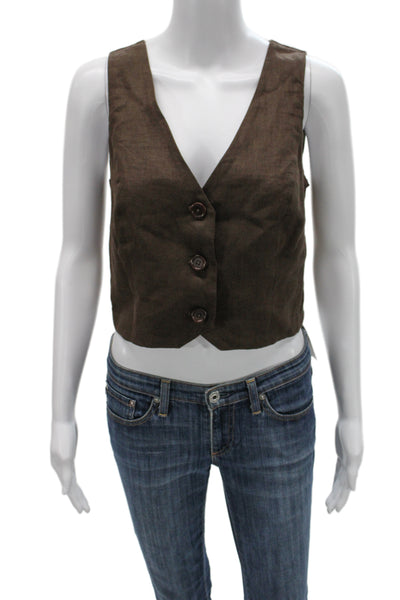 Madewell Women Brown Linen V-Neck Button Sleeveless Vest Size 2