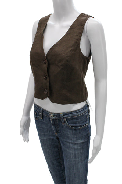 Madewell Women Brown Linen V-Neck Button Sleeveless Vest Size 2