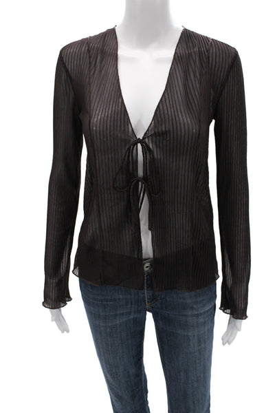 Zara Women Black Striped V-Neck Tie Long Sleeve Blouse 90s Size S