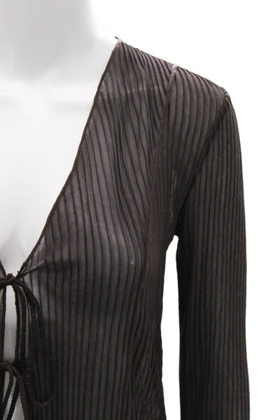 Zara Women Black Striped V-Neck Tie Long Sleeve Blouse 90s Size S