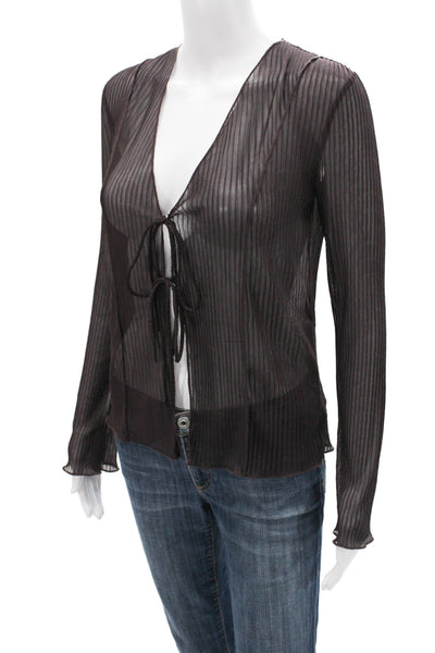 Zara Women Black Striped V-Neck Tie Long Sleeve Blouse 90s Size S