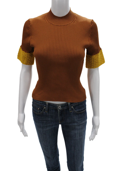 Staud Women Striped Mock Neck Short Sleeve Brown Sweater Size S