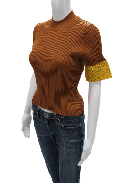 Staud Women Striped Mock Neck Short Sleeve Brown Sweater Size S