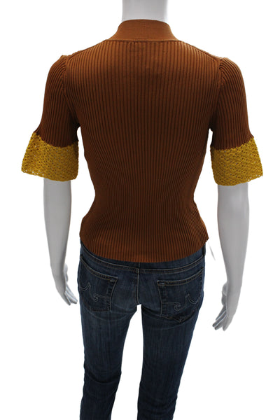 Staud Women Striped Mock Neck Short Sleeve Brown Sweater Size S