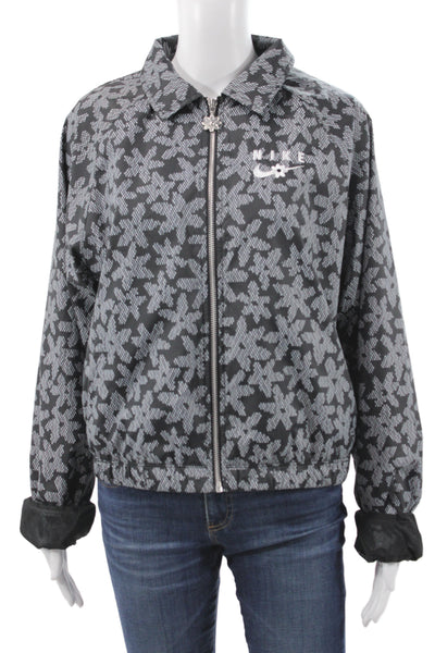 Nike Womens Windbreaker Black Geometric Cotton Collared Zip Fall Size S