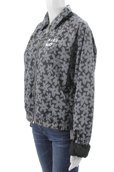 Nike Womens Windbreaker Black Geometric Cotton Collared Zip Fall Size S