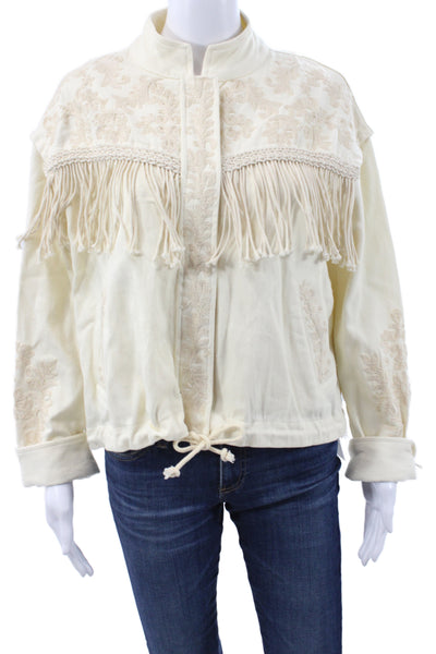 Zara Woman Women Beige Floral Cotton Mock Neck Drawstring Jacket Size S