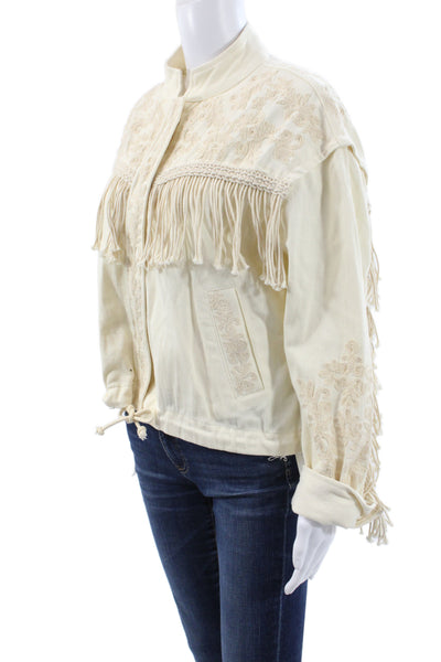 Zara Woman Women Beige Floral Cotton Mock Neck Drawstring Jacket Size S